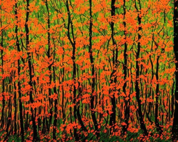 Vibrant Forest Scene with Fiery Orange Leaves
