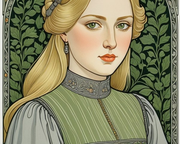 Young woman in green dress among lush greenery