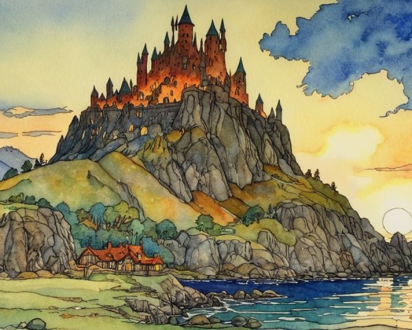 Majestic castle on a rocky hill with sunset backdrop