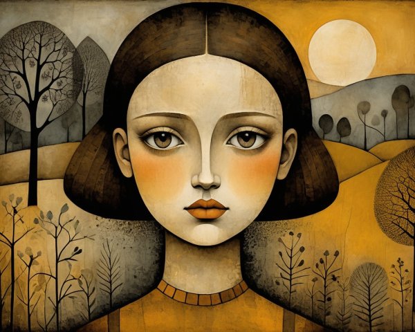 Stylized portrait of a young woman in serene landscape