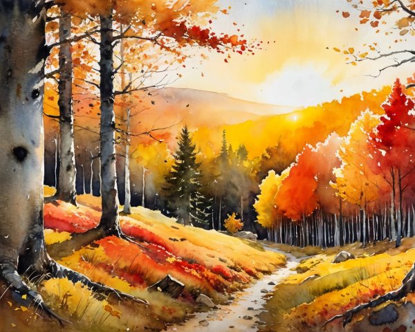 Autumn Forest Landscape with Sunset and Colorful Foliage