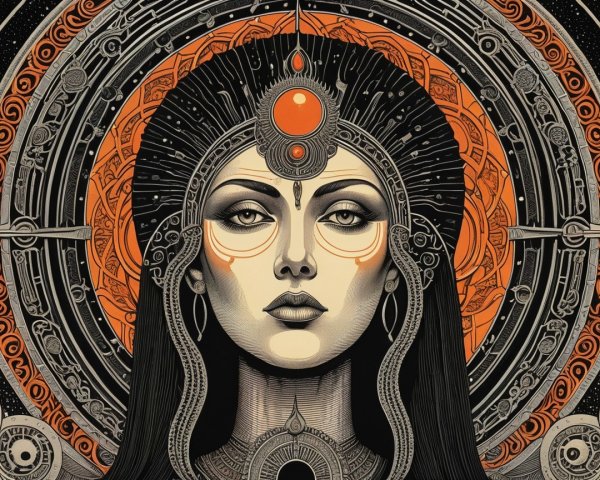 Artistic depiction of a woman with intricate jewelry