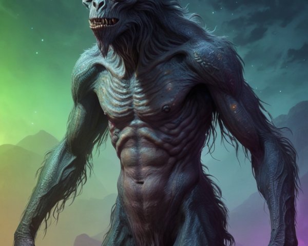 Menacing creature in mystical landscape with vibrant sky