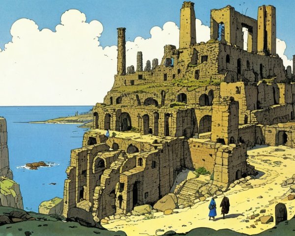 Ancient Ruin on Cliff Overlooking Ocean Landscape