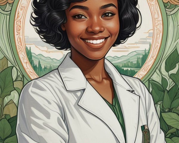 Smiling Woman in Lab Coat Against Greenery Background