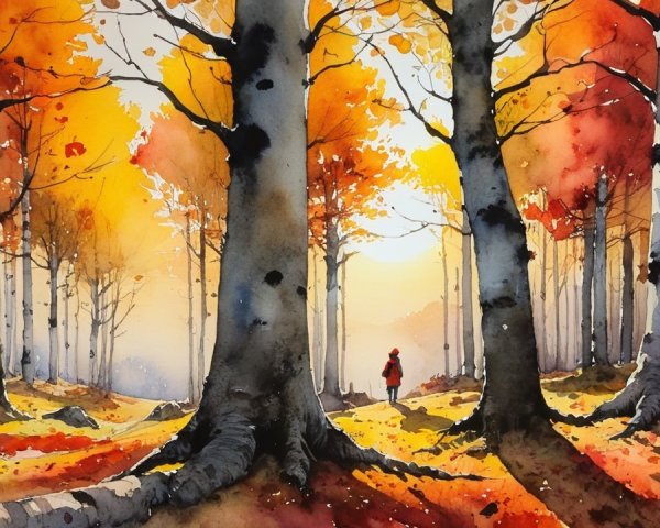 Serene Autumn Forest with Vibrant Leaves and Sunlight