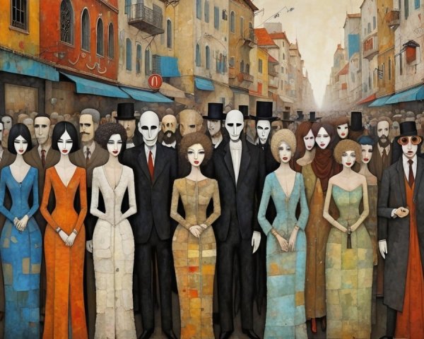 Crowd in Abstract City Street Under Muted Sky