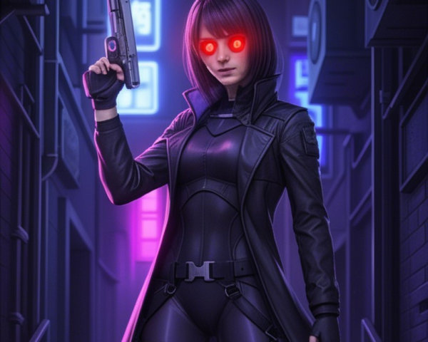 Futuristic Female Figure in Neon Alley with Handgun