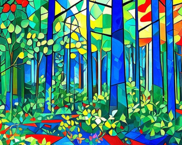 Abstract Forest in Geometric Shapes and Bright Colors