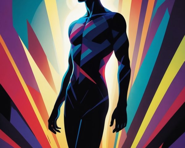 Silhouetted Figure with Vibrant Pattern and Glowing Eyes