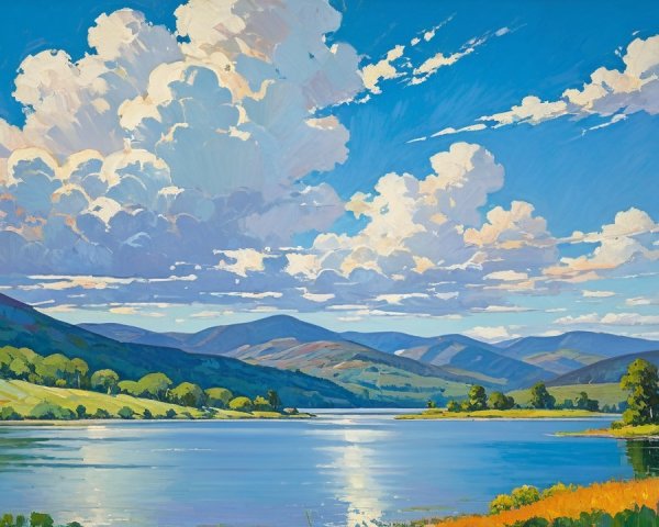 Vibrant Landscape with Lake, Hills, and Mountains