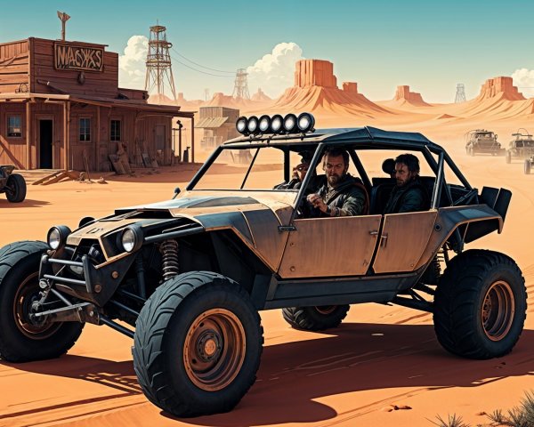 Desert Landscape with Off-Road Vehicles and Rocky Formations