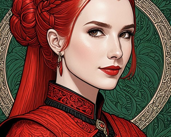 Elegant Woman with Red Hair in Ornate Garment