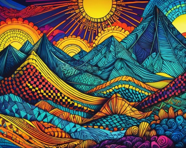 Vibrant Abstract Landscape with Stylized Mountains