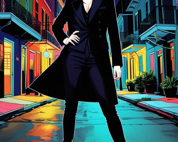 Cartoon Drawing of Young Woman on Wet Night Road