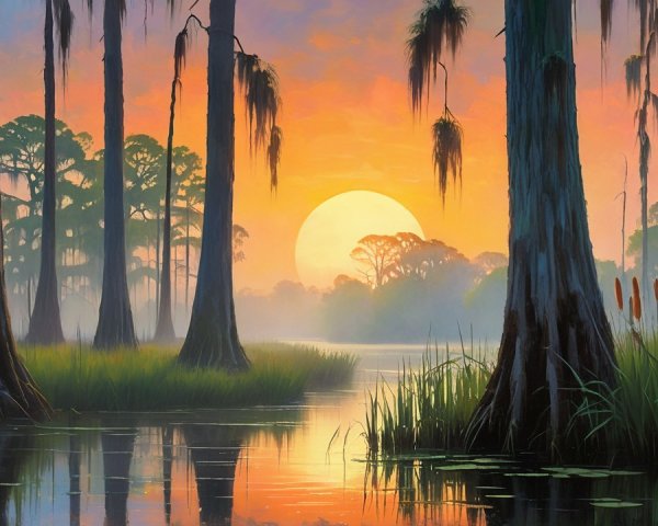 Serene Sunset Over a Tranquil Swamp Landscape