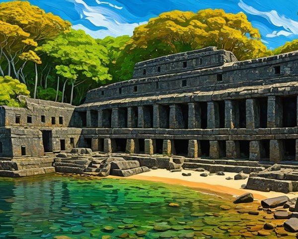 Ancient Stone Ruins by Turquoise Water and Trees