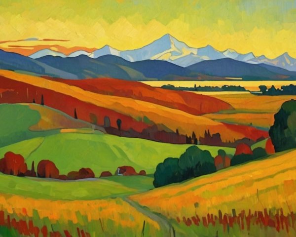 Vibrant landscape painting of hills and mountains