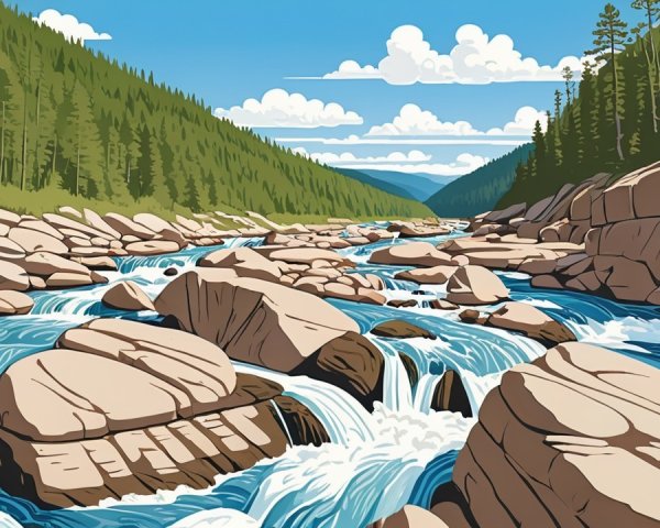 Vibrant River Flowing Through Rocky Landscape with Trees