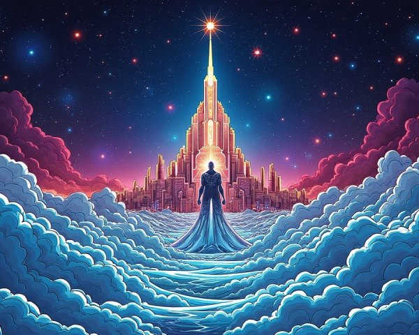 Mystical Landscape with Radiant Crystal City and Stars