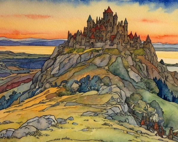 Vibrant Watercolor of Castle at Sunset with Figures