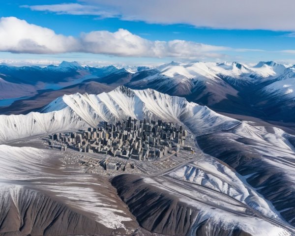 Aerial View of Futuristic City in Mountain Landscape