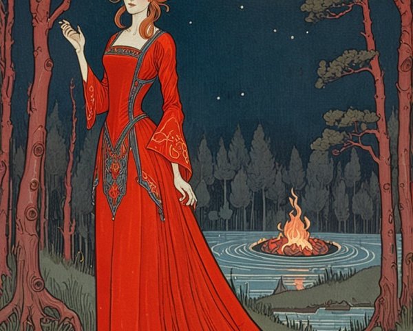 Mystical figure in red gown amid dark forest scene