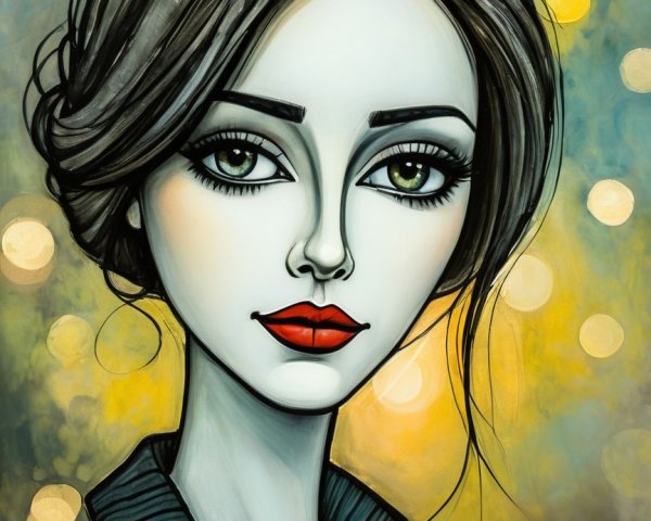 Stylized portrait of a woman with green eyes and red lips