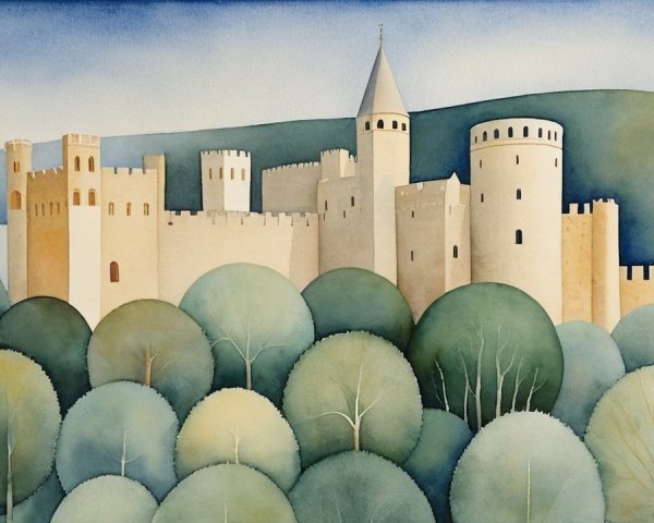 Watercolor Castle Surrounded by Rolling Hills and Trees