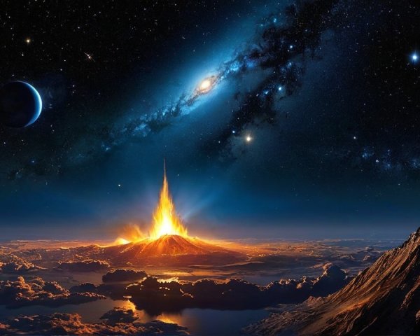 Vibrant Cosmic Landscape with Erupting Mountain and Stars