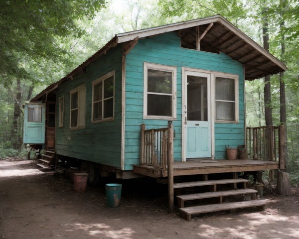 Rustic Cabin in Lush Forest with Vibrant Turquoise Paint