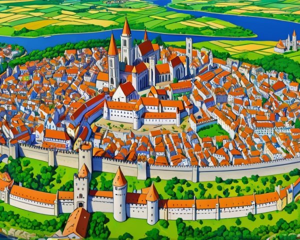 Illustrated Medieval City with Fortified Walls and Towers