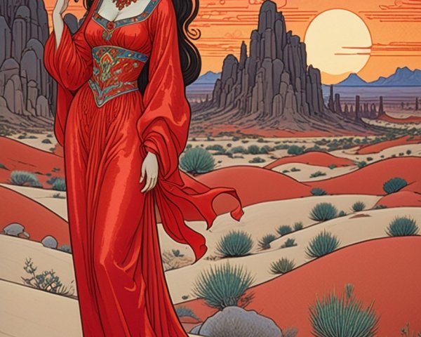 Elegant woman in red dress against desert sunset scene