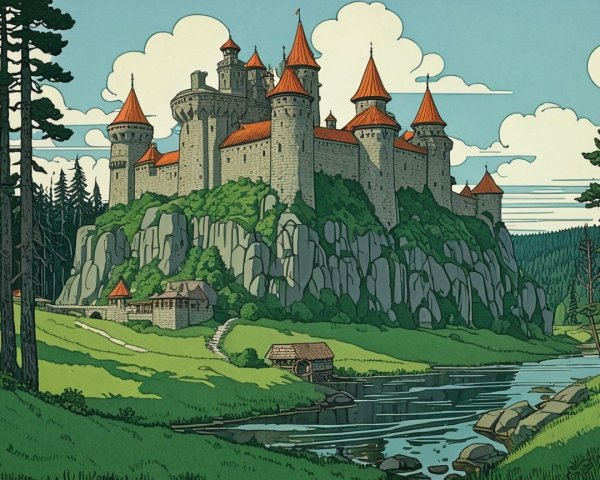 Medieval Castle on Rocky Hill with Lush Surroundings