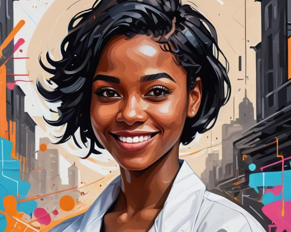 Young woman in lab coat smiles in urban setting