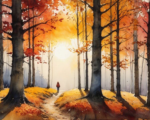 Serene Autumn Forest with Vibrant Leaves and Sunlight