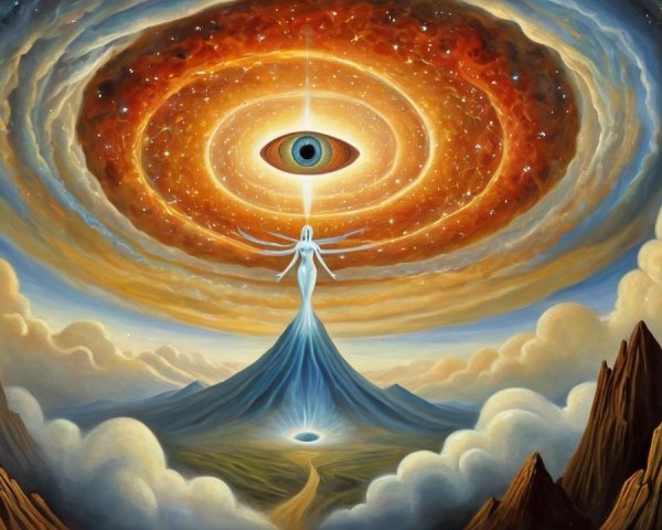 Mystical Landscape with Cosmic Vortex and Ethereal Figure