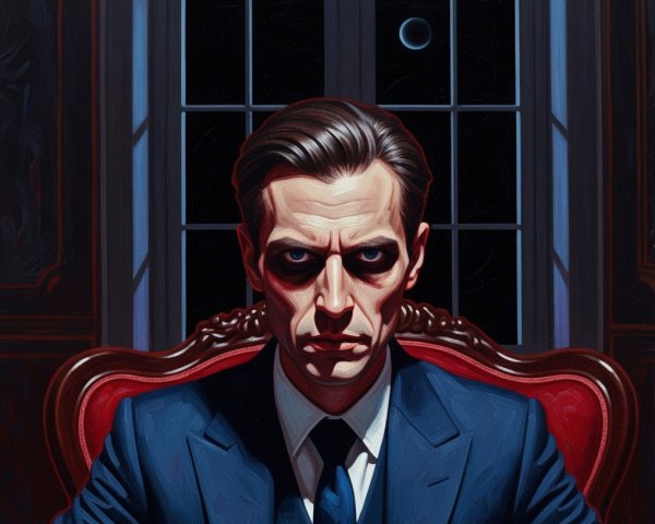Confident Man in Blue Suit in Ornate Leather Chair
