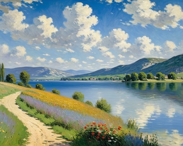 Serene Landscape with Winding Path and Tranquil Lake