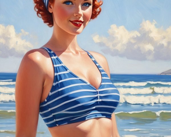Vintage Illustration of Woman in Striped Bikini at Beach