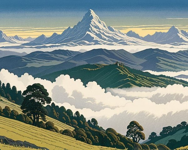 Serene Mountainous Landscape with Snow-Capped Peak