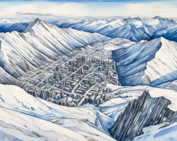 Watercolor Mountain Landscape with Urban City Below