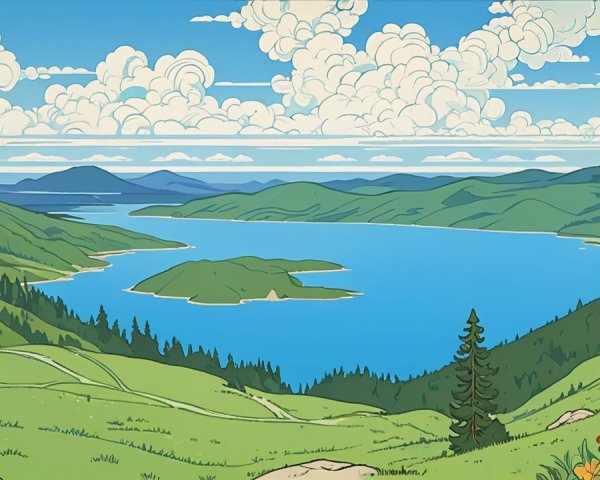 Serene Landscape with Green Hills and Tranquil Lake