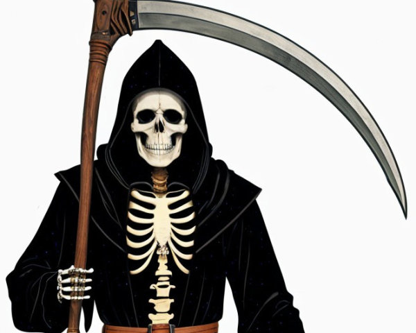 Skeleton in Dark Robe with Scythe on Dark Background