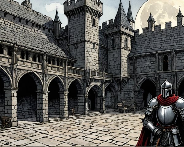 Medieval Castle Courtyard with Knight and Moonlight