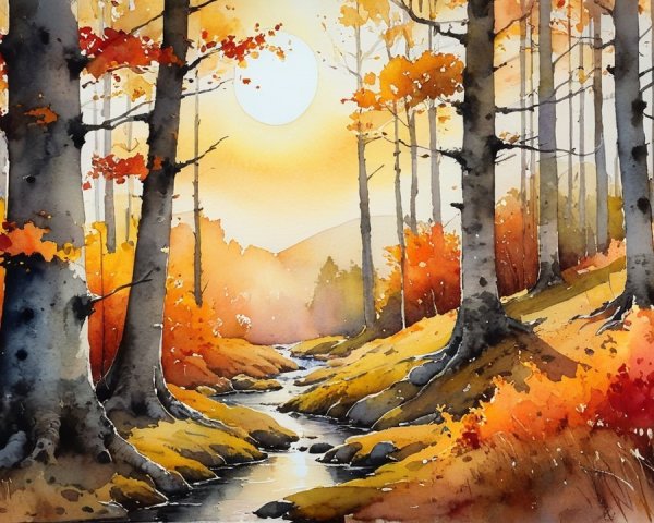 Autumn Forest Landscape at Sunset with Stream