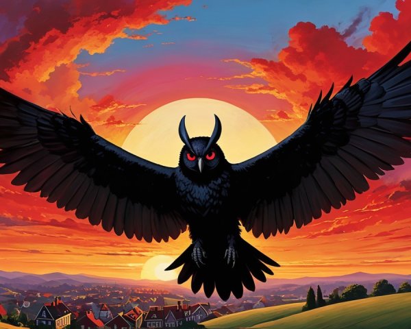 Black Owl in Sunset Over a Quaint Village Scene