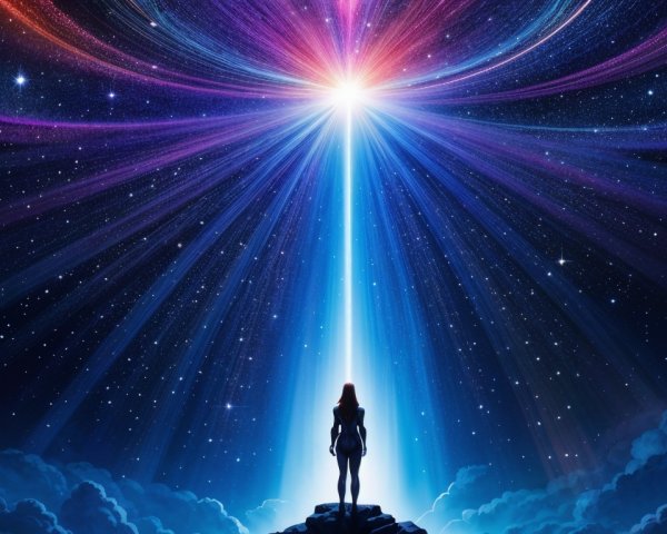 Silhouette on Rocky Outcrop Under Cosmic Light Burst