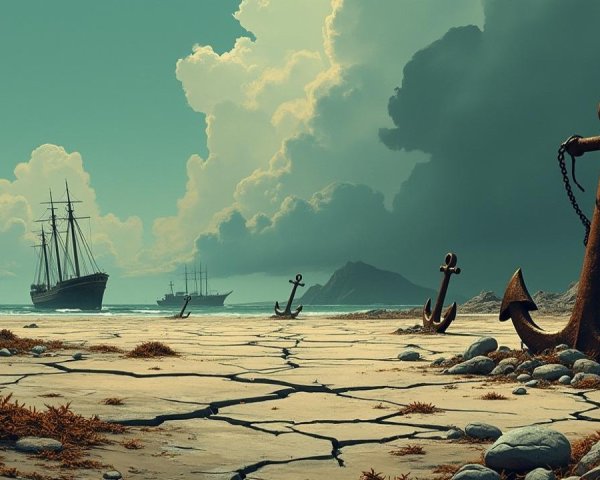 Desolate Shoreline with Rusted Anchors and Ships