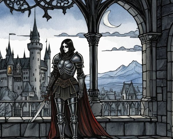 Mysterious Figure in Dark Armor Before Majestic Castle